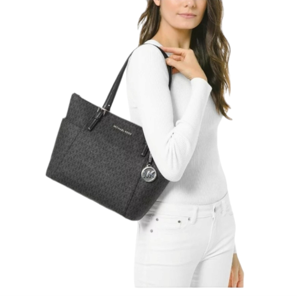 Michael Kors Ladies Jet Set Large Logo Top-Zip Tote Bag-Black